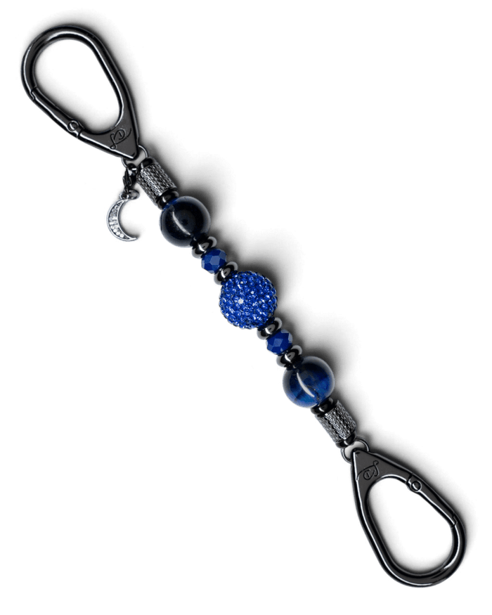 LD Keyfinder Midnight Sapphire Mini featuring blue tiger eye beads, sapphire crystal, and a pavé moon charm.