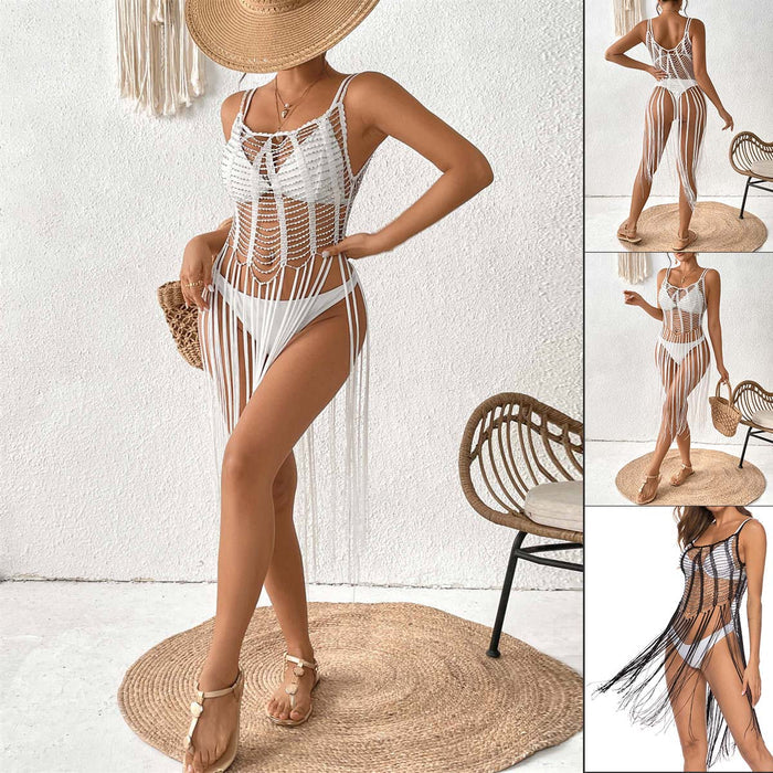 New Beaded Hollow Out Cover Up Dress, Spaghetti Strap Mini Beaded Tunic, Women Sheer Bikini Beach Coverup For Summer – Premium 4 | RICALOUX