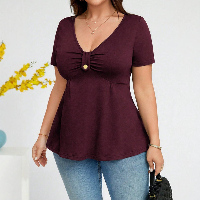 New Stylish And Elegant Solid-color V-neck Short-sleeve Top With A Buckle Detail – Premium 0 | RICALOUX