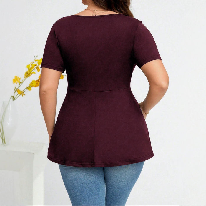 New Stylish And Elegant Solid-color V-neck Short-sleeve Top With A Buckle Detail – Premium 0 | RICALOUX