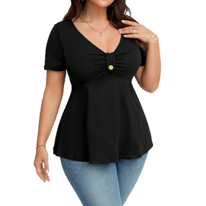 New Stylish And Elegant Solid-color V-neck Short-sleeve Top With A Buckle Detail – Premium 0 | RICALOUX