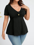 New Stylish And Elegant Solid-color V-neck Short-sleeve Top With A Buckle Detail – Premium 0 | RICALOUX
