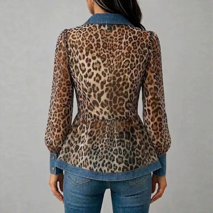 New Womens Leopard-Print Patchwork Denim Long-Sleeve Shirt – Premium 0 | RICALOUX