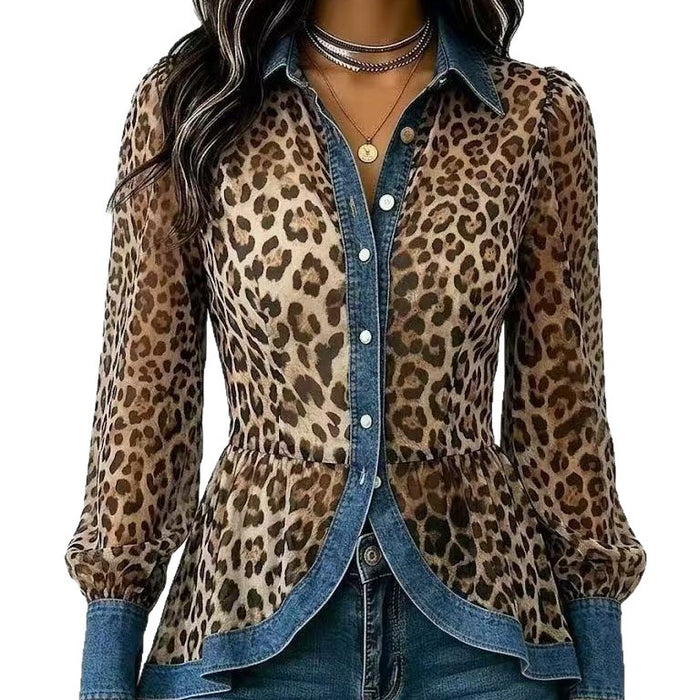 New Womens Leopard-Print Patchwork Denim Long-Sleeve Shirt by Ricaloux