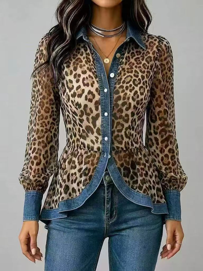 New Womens Leopard-Print Patchwork Denim Long-Sleeve Shirt by Ricaloux