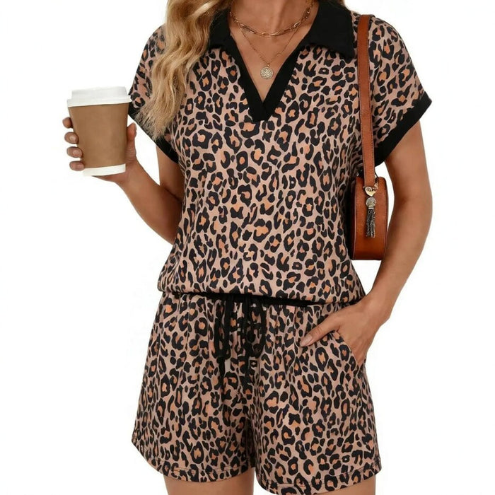 New Womens Leopard-print Short-sleeve And Shorts Set by Ricaloux