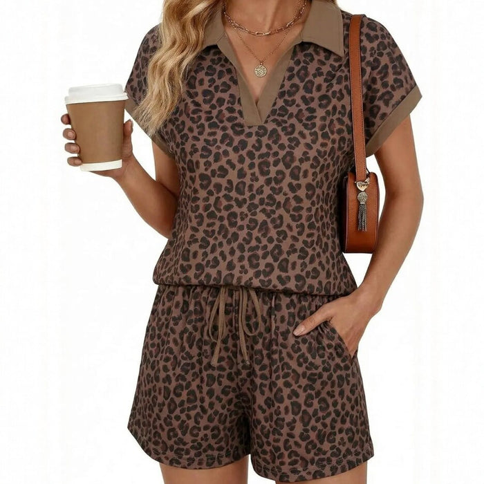 New Womens Leopard-print Short-sleeve And Shorts Set by Ricaloux