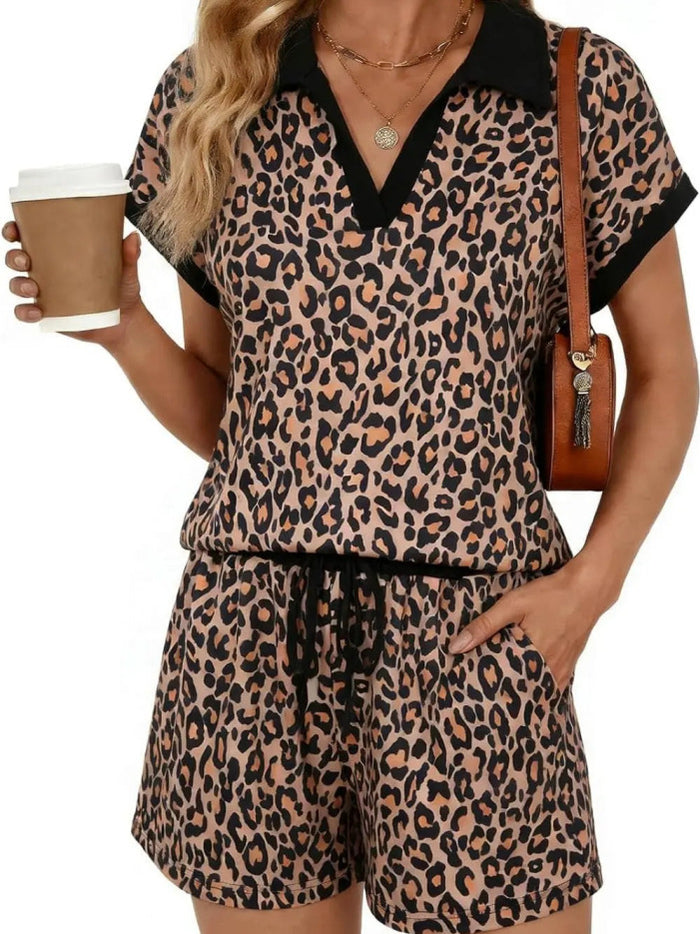 New Womens Leopard-print Short-sleeve And Shorts Set by Ricaloux