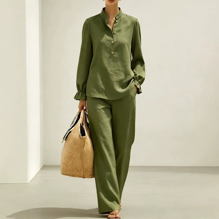 New Womens Mandarin-collar Ruffled Puff-sleeve Wide-leg Long-pants Set – Premium 0 | RICALOUX