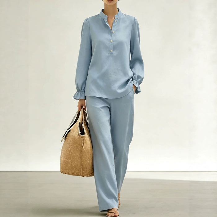 New Womens Mandarin-collar Ruffled Puff-sleeve Wide-leg Long-pants Set – Premium 0 | RICALOUX
