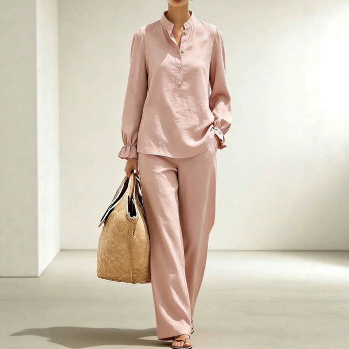 New Womens Mandarin-collar Ruffled Puff-sleeve Wide-leg Long-pants Set – Premium 0 | RICALOUX
