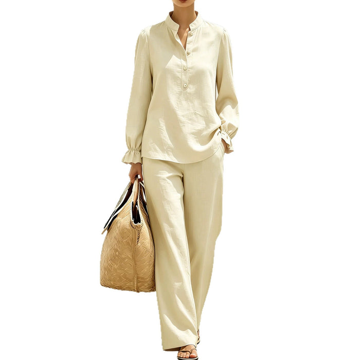 New Womens Mandarin-collar Ruffled Puff-sleeve Wide-leg Long-pants Set – Premium 0 | RICALOUX