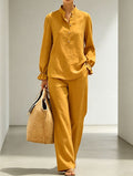 New Womens Mandarin-collar Ruffled Puff-sleeve Wide-leg Long-pants Set – Premium 0 | RICALOUX