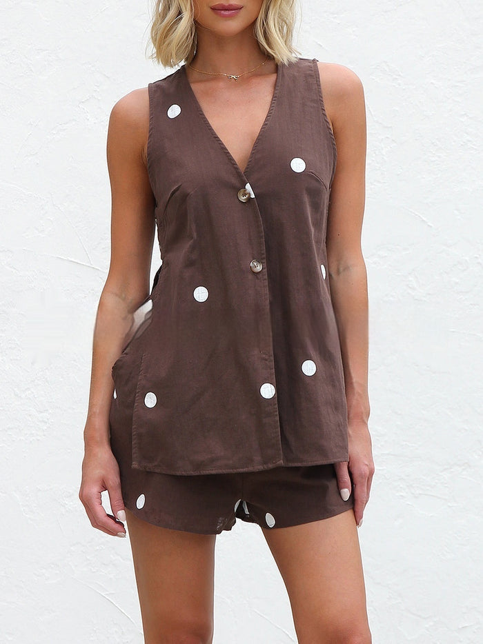 New Womens Resort-style Casual Polka-dot Pullover Vest Straight-leg Shorts Set – Premium 0 | RICALOUX