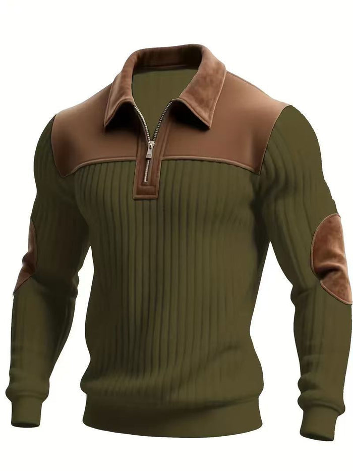 Notched-collar Patchwork Knit Top With Embroidered Zipper Hoodie - RICALOUX