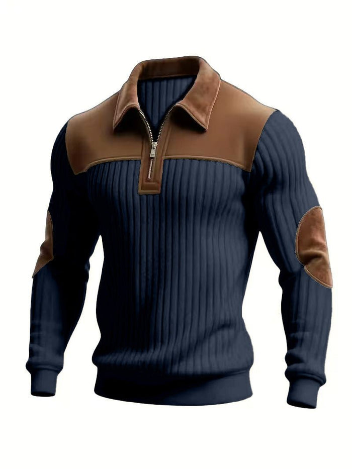 Notched-collar Patchwork Knit Top With Embroidered Zipper Hoodie - RICALOUX