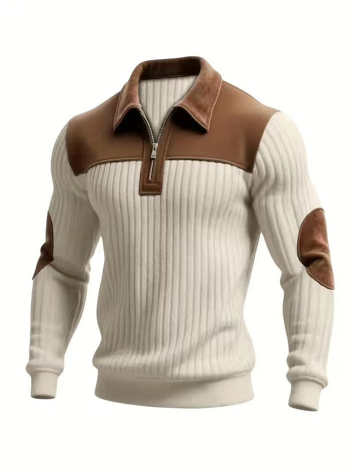 Notched-collar Patchwork Knit Top With Embroidered Zipper Hoodie - RICALOUX