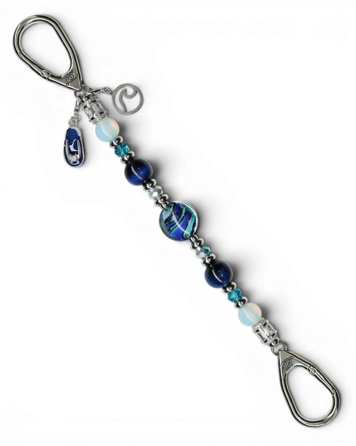LD Keyfinder Ocean Mosaic beaded keychain with artisan blue glass, tiger eye, opalite, and seaside charms.