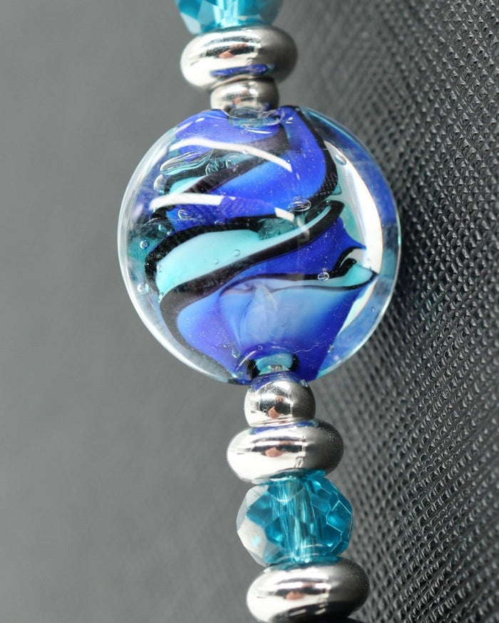 LD Keyfinder Ocean Mosaic artisan glass bead with blue swirls, teal crystal, and platinum-plated spacers