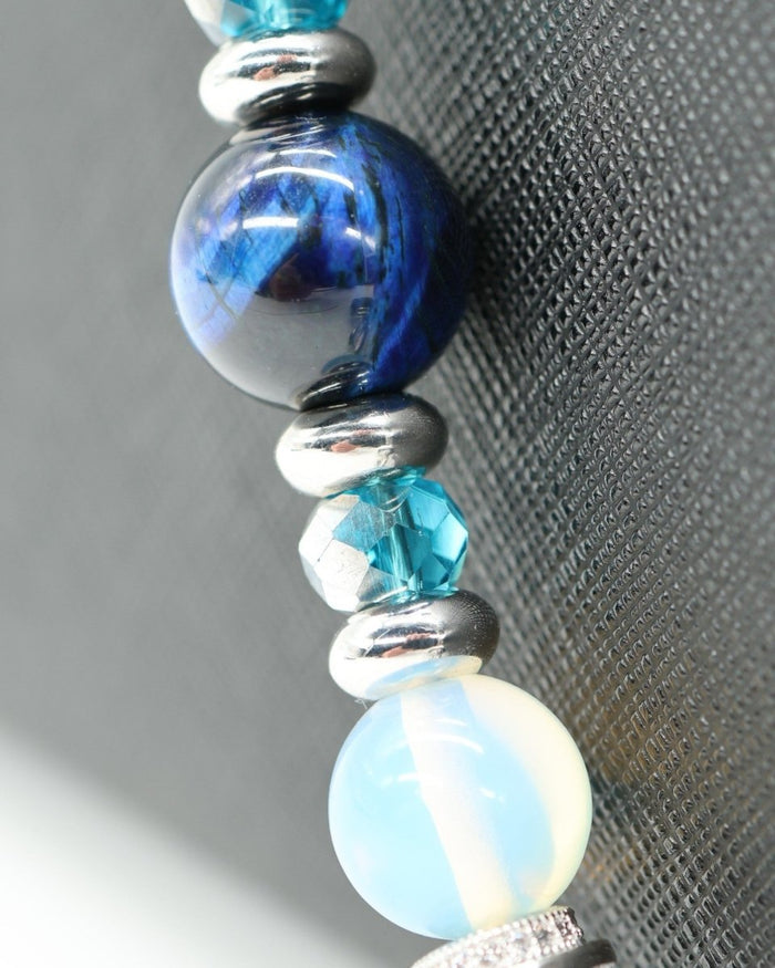 LD Keyfinder Ocean Mosaic beaded accessory with blue tiger eye, opalite, teal glass beads, and silver spacers.