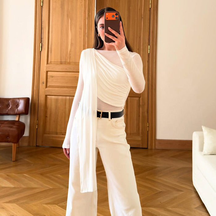 Off-Shoulder Mesh-Panel Sexy Long-Sleeve Top by Ricaloux