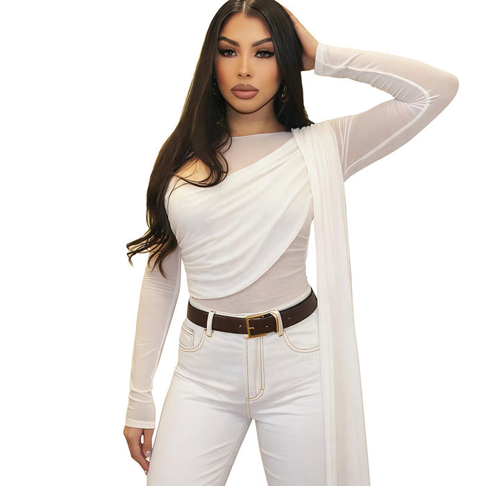 Off-Shoulder Mesh-Panel Sexy Long-Sleeve Top by Ricaloux