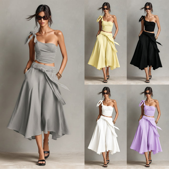 Off-Shoulder Strap Top With Slanted Shoulders High-Waisted A-Line Long Skirt Womens Set – Premium 0 | RICALOUX