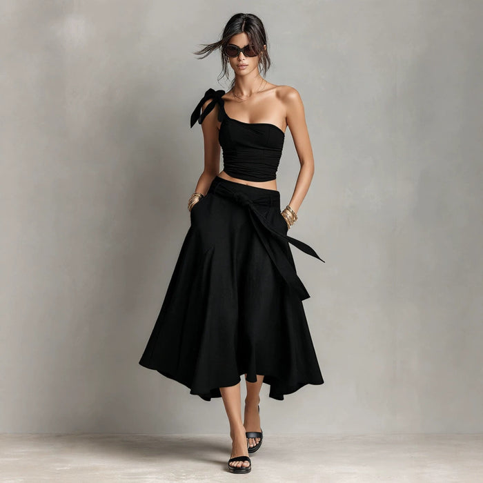Off-Shoulder Strap Top With Slanted Shoulders High-Waisted A-Line Long Skirt Womens Set – Premium 0 | RICALOUX