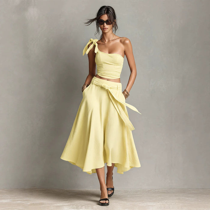 Off-Shoulder Strap Top With Slanted Shoulders High-Waisted A-Line Long Skirt Womens Set – Premium 0 | RICALOUX
