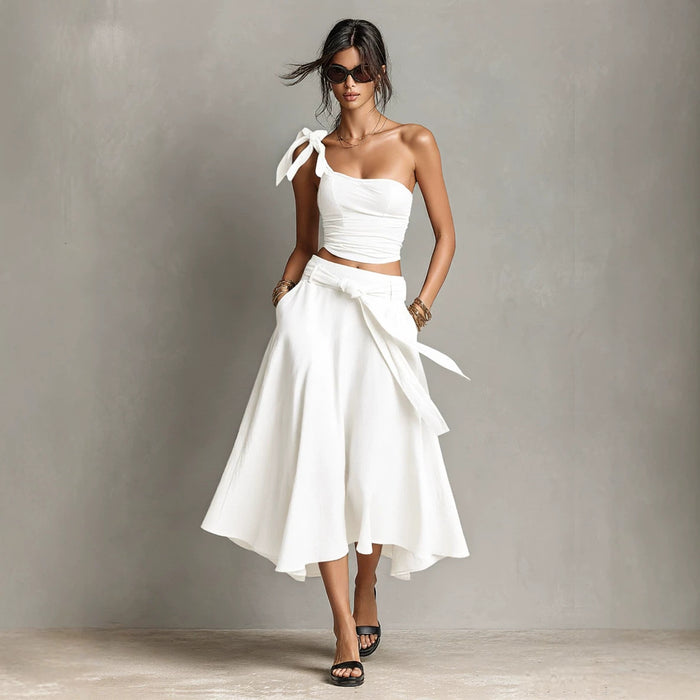 Off-Shoulder Strap Top With Slanted Shoulders High-Waisted A-Line Long Skirt Womens Set – Premium 0 | RICALOUX