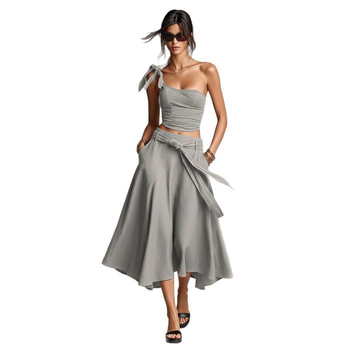 Off-Shoulder Strap Top With Slanted Shoulders High-Waisted A-Line Long Skirt Womens Set – Premium 0 | RICALOUX
