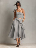Off-Shoulder Strap Top With Slanted Shoulders High-Waisted A-Line Long Skirt Womens Set – Premium 0 | RICALOUX