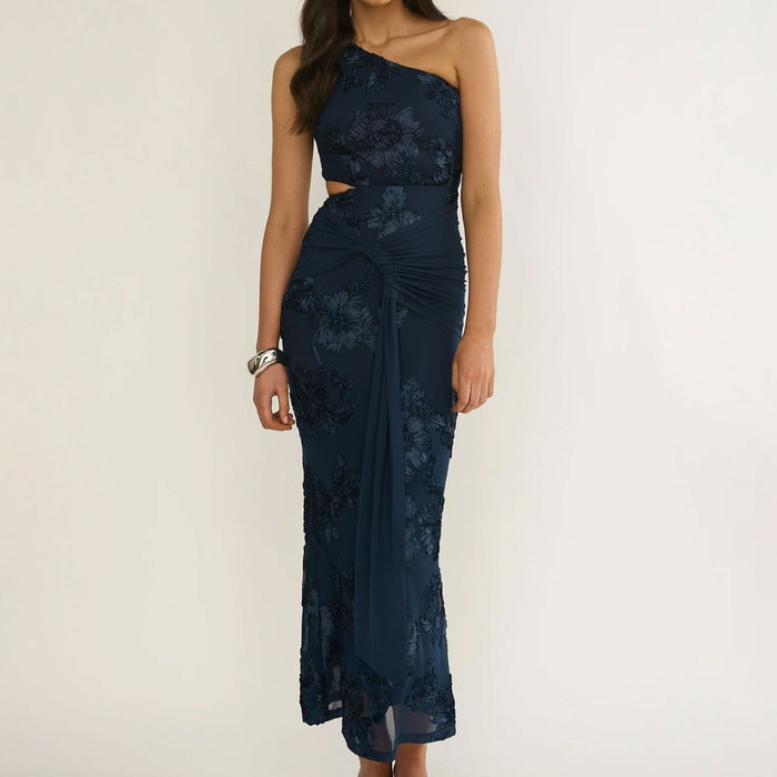 One-shoulder Floral-embroidered Dress With Waist Pleating And A Draped Silhouette – Premium 0 | RICALOUX