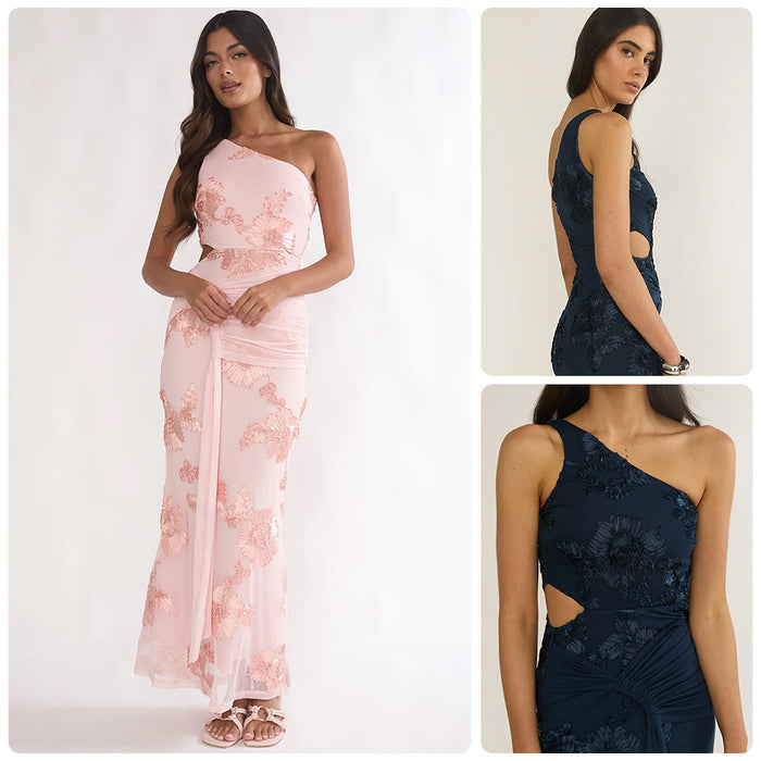 One-shoulder Floral-embroidered Dress With Waist Pleating And A Draped Silhouette – Premium 0 | RICALOUX
