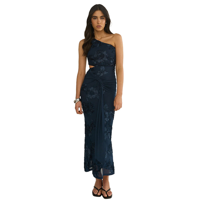 One-shoulder Floral-embroidered Dress With Waist Pleating And A Draped Silhouette – Premium 0 | RICALOUX