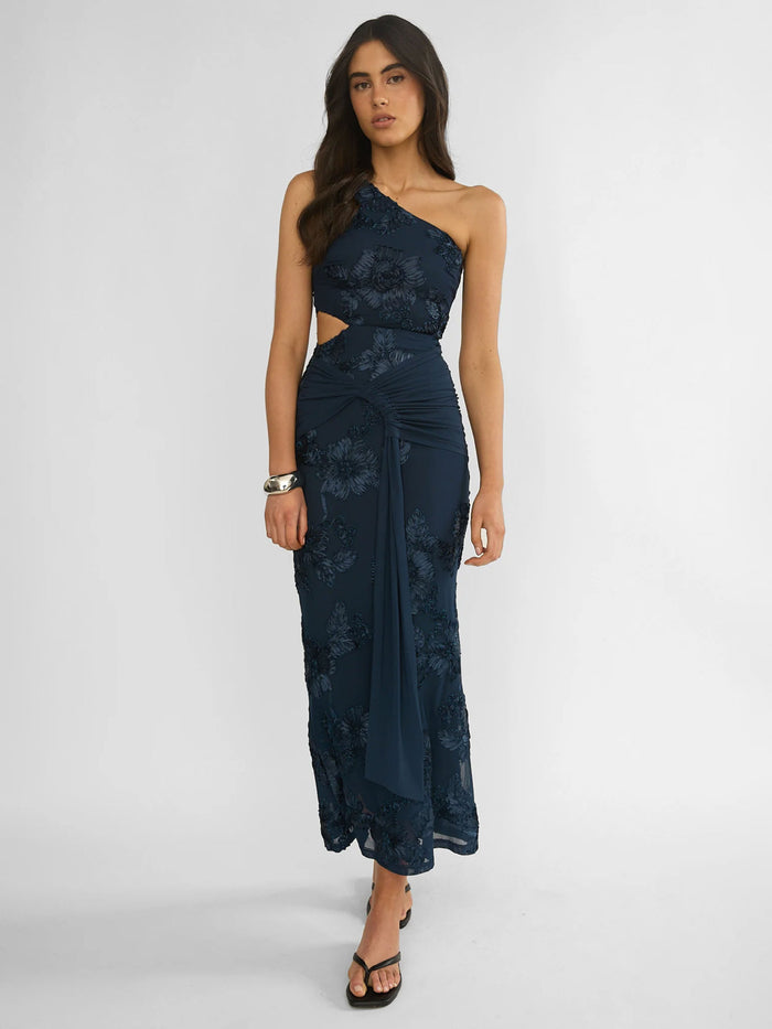 One-shoulder Floral-embroidered Dress With Waist Pleating And A Draped Silhouette – Premium 0 | RICALOUX