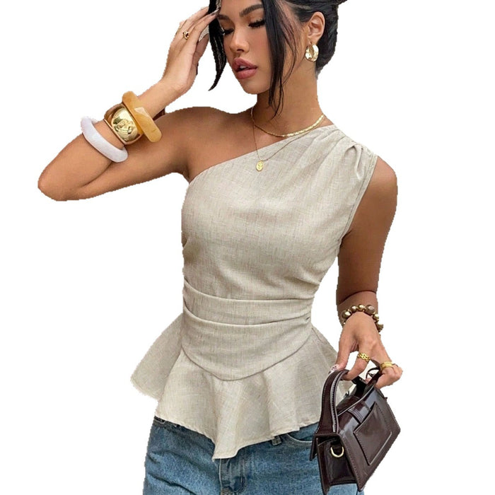 One-Shoulder Pleated Waistline Ruffled Hem Slimming Sleeveless Tank Top – Premium 0 | RICALOUX