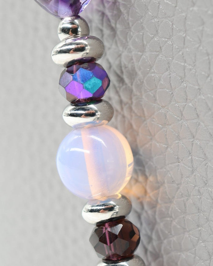 LD Keyfinder Orchid Flutter beaded accessory featuring purple lepidolite, pink opalite, and faceted glass beads.