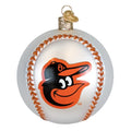 Glass ornament shaped like a baseball with a Orioles logo on a white background