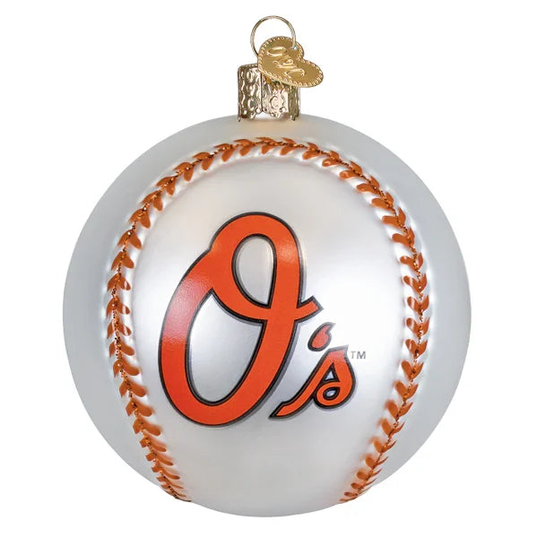 Decorative ornament shaped like a baseball with 'O's' logo on a white background