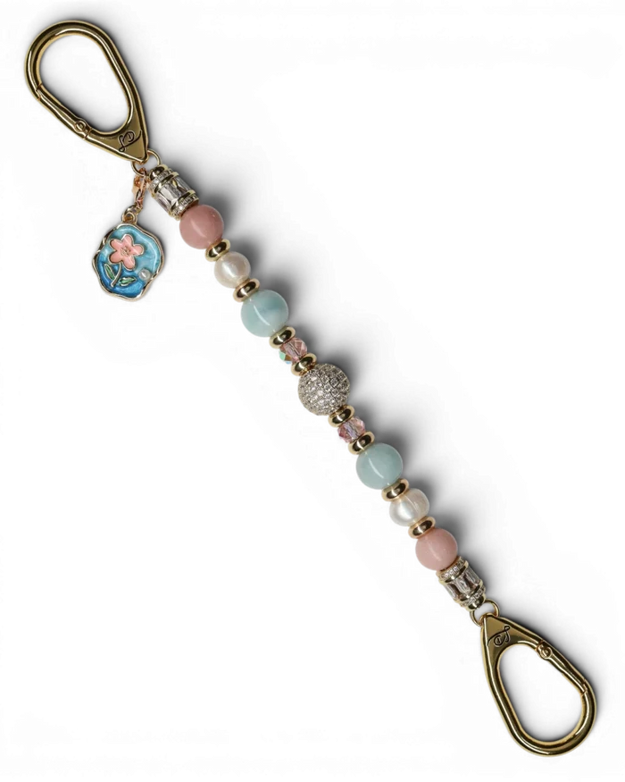 LD Keyfinder Pastel Garden keychain with pink opal, pearl, aquamarine beads, gold accents, and flower charm.