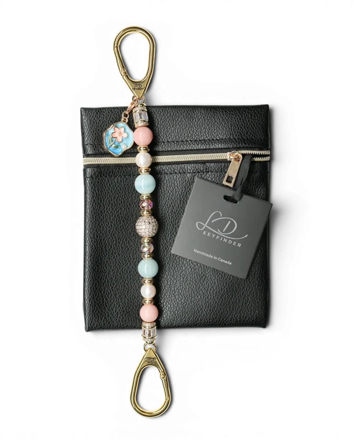 LD Keyfinder Pastel Garden beaded keychain with pink opal, freshwater pearls, aquamarine, and gold-plated charm.
