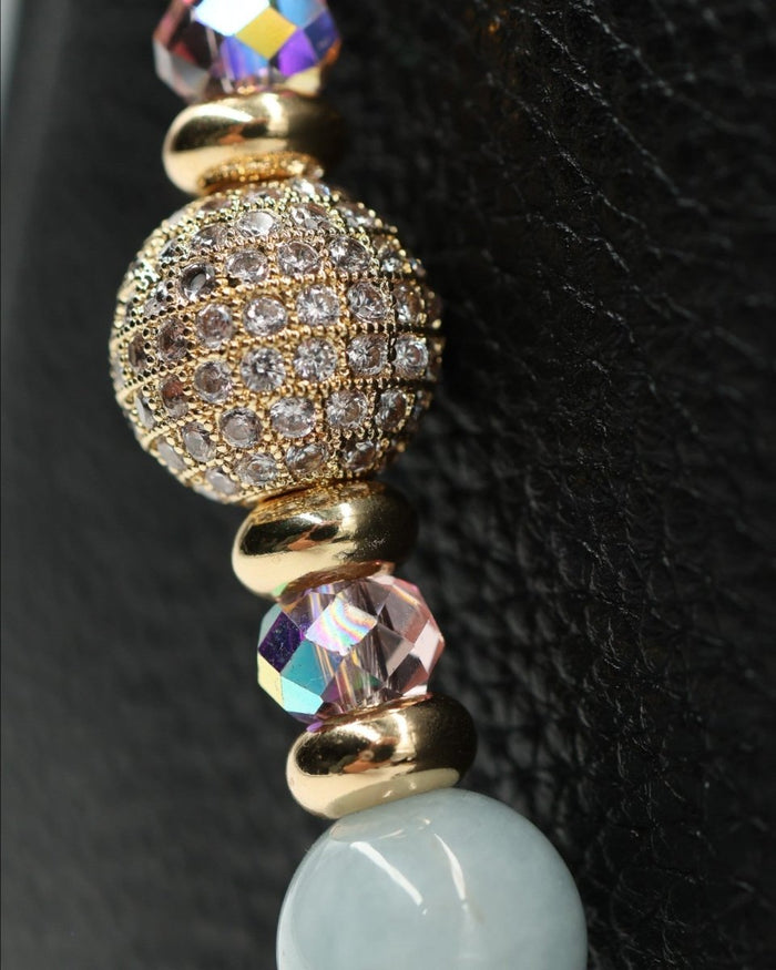 LD Keyfinder Pastel Garden bracelet with 18KT gold-plated micropavé bead, pink opal, freshwater pearls, aquamarine, and faceted glass beads.