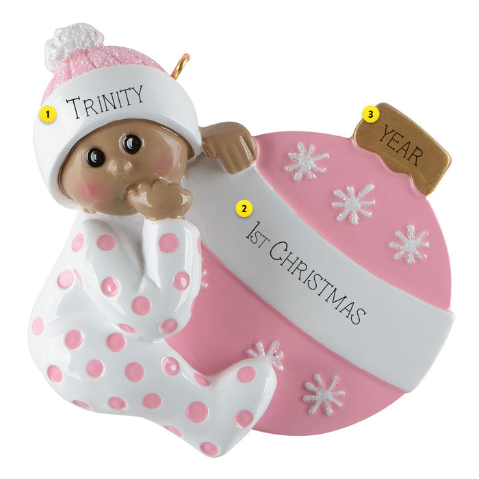 Personalized Baby Girl's 1st Christmas Ornament -African-American Female done in pinks