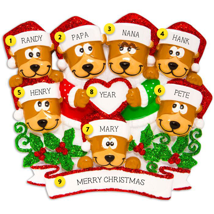 Brown Bear Family of 7 with Heart Ornament