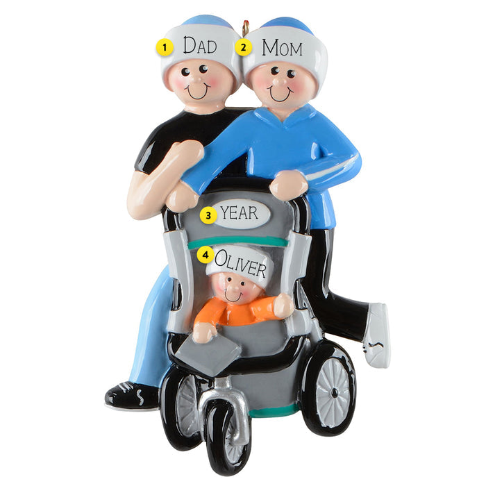 Personalized ornament of a couple with a child in a stroller on a white background