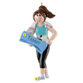 Decorative ornament of a woman holding a yoga mat and water bottle on a white background.