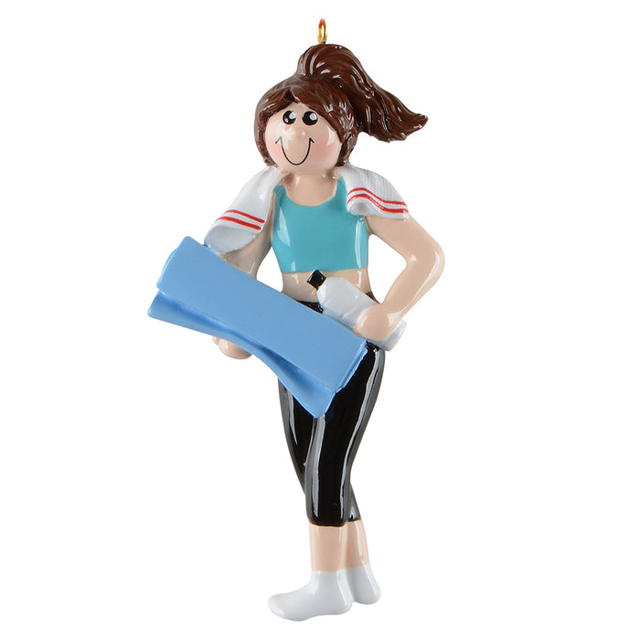 Decorative ornament of a woman holding a yoga mat and water bottle on a white background.