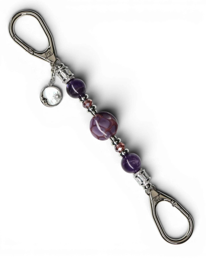 LD Keyfinder Petite Amethyst Moon keychain with amethyst, glass beads, and moon charm. Platinum-plated.