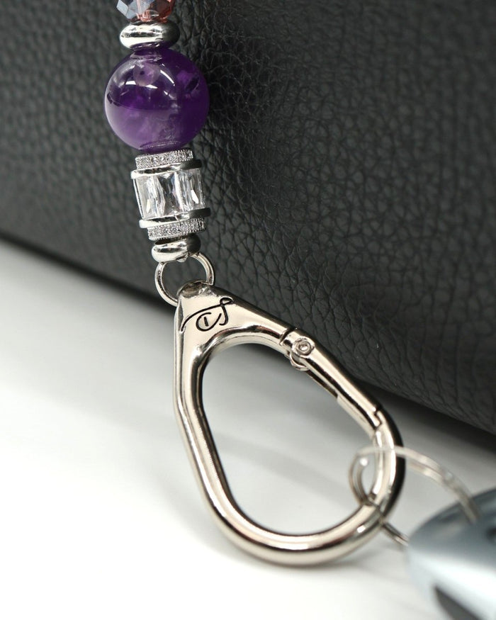 LD Keyfinder Petite Amethyst Moon keychain with purple artisan glass bead, amethyst, rhinestones, and moon charm.